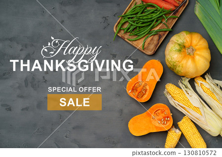 Thanksgiving celebration with fresh vegetables and special sale announcement 130810572