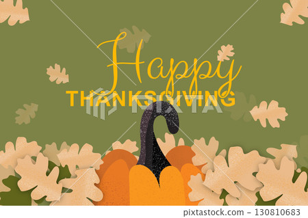 Thanksgiving greeting with pumpkins and autumn leaves on a green background 130810683