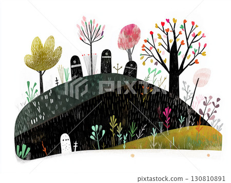 A group of black gravestones stands quietly in a forest graveyard, surrounded by trees and plants on a summer day. A simple childish drawing of a cemetery. AI-generated illustration 130810891