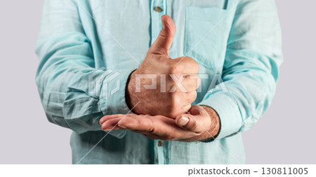 Deaf man show her hand for Help or aid as sign language. Deaf body language concept  130811005