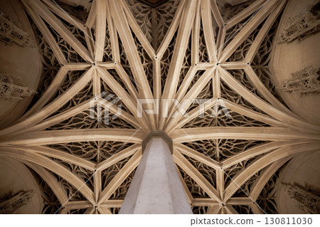 Intricate Gothic architecture of vaulted ceiling in historic cathedral 130811030