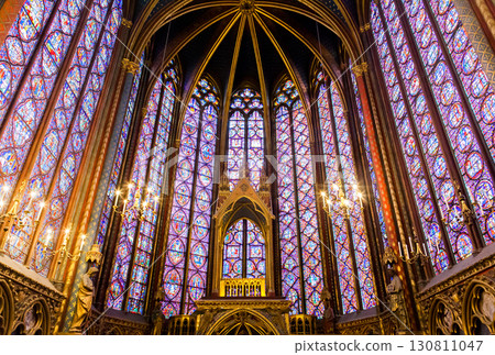 Stained glass windows in Sainte-Chapelle highlight Parisian Gothic architecture Stained glass windows in Sainte-Chapelle highlight Parisian Gothic architecture 130811047