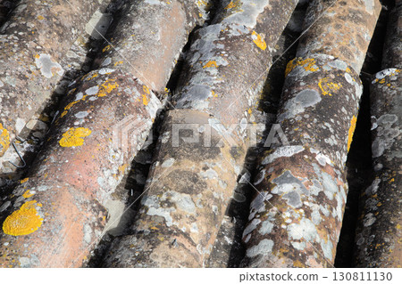 Roof tiles arranged in a wave pattern on an old building under natural sunlight Roof tiles arranged in a wave pattern on an old building under natural sunlight 130811130
