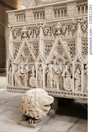 Alcobaca, Portugal - April 2, 2017 - Intricate carvings of king Pedro I tomb at Monastery Santa Maria Alcobaca, Portugal - April 2, 2017 - Intricate carvings of king Pedro I tomb at Monastery Santa Maria 130811161
