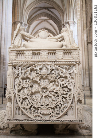 Alcobaca, Portugal - April 2, 2017 - Intricate carvings of king Pedro I tomb at Monastery Santa Maria Alcobaca, Portugal - April 2, 2017 - Intricate carvings of king Pedro I tomb at Monastery Santa Maria 130811162