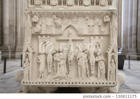 Alcobaca, Portugal - April 2, 2017 - Tomb of Ines de Castro with intricate carvings at Monastery Santa Maria 130811175