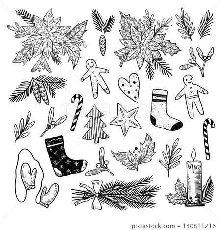 Set of Christmas black and white outline design elements, Christmas tree branches, poinsettia and holly. Hand drawn illustration Set of Christmas black and white outline design elements, Christmas tree branches, poinsettia and holly. Hand drawn illustration 130811216