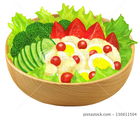 Illustration of vegetable salad - wooden bowl Illustration of vegetable salad - wooden bowl 130811504