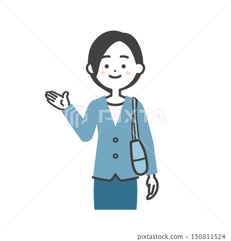 Illustration of a woman in a jacket style holding a bag under her arm 130811524