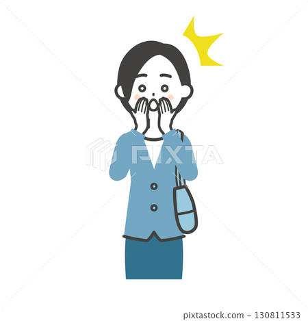 圖解:一位身穿夾克的女士手拿一個包包放在身邊,驚訝地用雙手摀住嘴 圖解:一位身穿夾克的女士手拿一個包包放在身邊,驚訝地用雙手摀住嘴 130811533