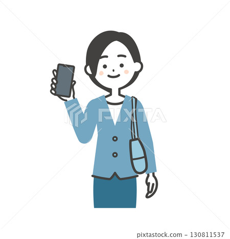 Illustration of a woman in a jacket holding a bag with a smartphone under her arm Illustration of a woman in a jacket holding a bag with a smartphone under her arm 130811537