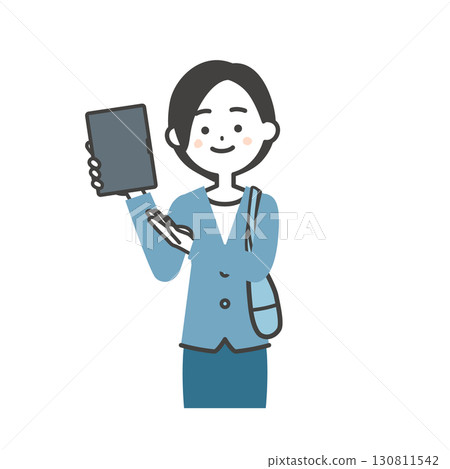圖:一位身穿夾克的女士,身邊拿著一個包包,指著手中的平板電腦 圖:一位身穿夾克的女士,身邊拿著一個包包,指著手中的平板電腦 130811542