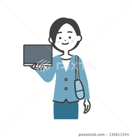 Illustration of a woman in a jacket holding a bag at her side showing the screen of her computer 130811543