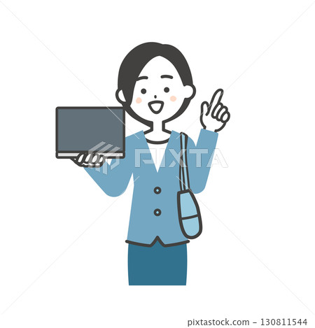 圖解：一位身穿夾克的女士手拿一個包包，指著電腦螢幕 130811544