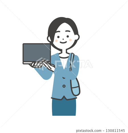 Illustration of a woman in a jacket holding a bag at her side pointing at a laptop in her hand Illustration of a woman in a jacket holding a bag at her side pointing at a laptop in her hand 130811545