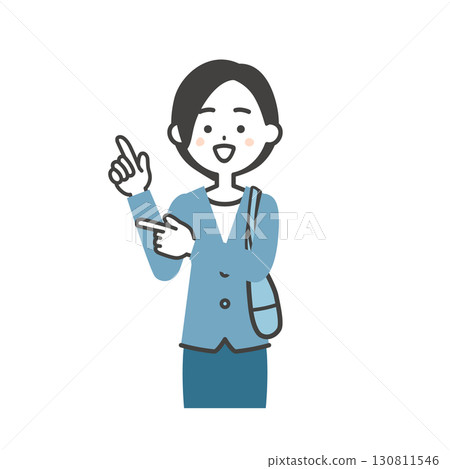 圖解：一位身穿夾克的女士，手拿一個袋子放在身旁，用雙手指向一側 130811546