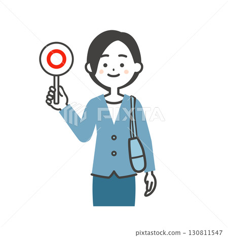 Illustration of a woman in a jacket holding a bag that will give you the correct answer 130811547