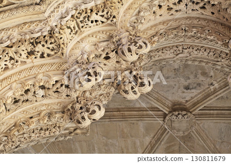 Intricate stone carvings in the historic Batalha monastery in Portugal 130811679