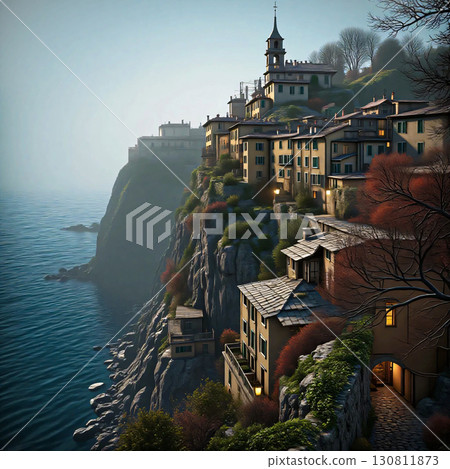 Coastal village cliffside view. Charming coastal village perched on a steep cliff overlooking the sea.  130811873