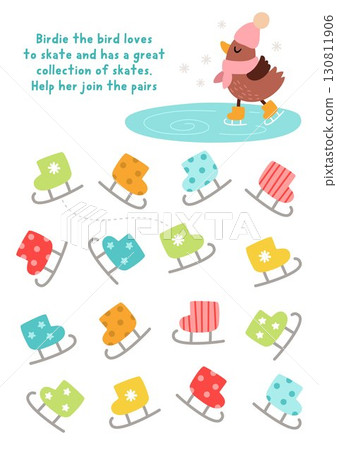 Join pairs of skates. Christmas matching activity for children. Winter holiday educational quiz worksheet for kids for attention skills. Printable game with cute skating bird on ice ring Join pairs of skates. Christmas matching activity for children. Winter holiday educational quiz worksheet for kids for attention skills. Printable game with cute skating bird on ice ring 130811906