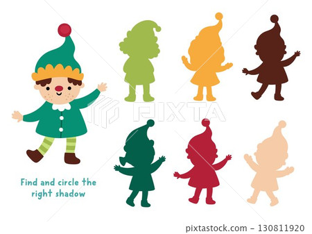 Christmas village shadow matching activity with cute elf. Winter holiday puzzle with traditional character. New Year find correct silhouette printable worksheet, game Christmas village shadow matching activity with cute elf. Winter holiday puzzle with traditional character. New Year find correct silhouette printable worksheet, game 130811920