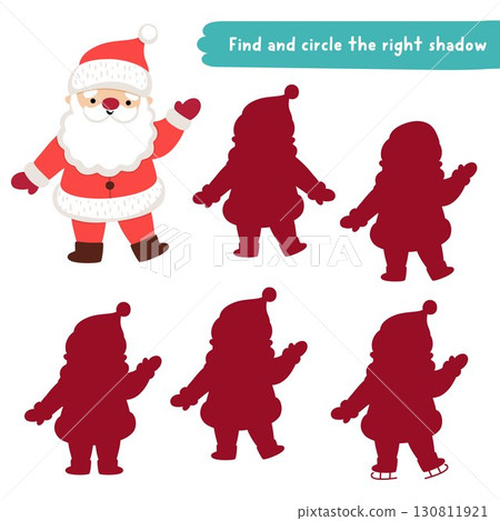Christmas village shadow matching activity with cute Santa Claus. Winter holiday puzzle with traditional character. New Year find correct silhouette printable worksheet, game Christmas village shadow matching activity with cute Santa Claus. Winter holiday puzzle with traditional character. New Year find correct silhouette printable worksheet, game 130811921