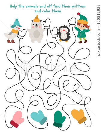 Christmas village maze, coloring and matching activity for children with cute animals, elf and mittens. Funny labyrinth game with bear, goose, penguin. Winter holiday printable activity, worksheet 130811922