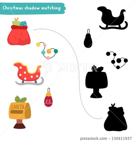 Christmas village shadow matching activity with Santa Claus sack, sledge, mail box. Winter holiday puzzle with traditional symbol. New Year find correct silhouette printable worksheet, game 130811937