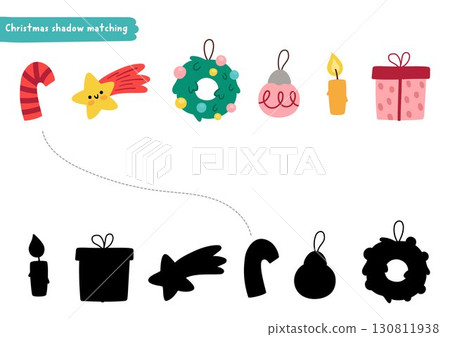 Christmas village shadow matching activity with candy cane, star, wreath, candle. Winter holiday puzzle with traditional symbols. New Year find correct silhouette printable worksheet, game Christmas village shadow matching activity with candy cane, star, wreath, candle. Winter holiday puzzle with traditional symbols. New Year find correct silhouette printable worksheet, game 130811938