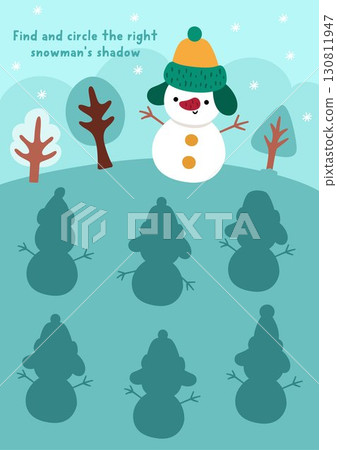 Christmas village shadow matching activity with cute scene and snowman. Winter holiday puzzle with traditional character. New Year find correct silhouette printable worksheet, game Christmas village shadow matching activity with cute scene and snowman. Winter holiday puzzle with traditional character. New Year find correct silhouette printable worksheet, game 130811947