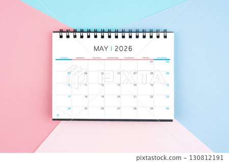 May month desk calendar for 2026 year on colorful background. Flat lay. 130812191