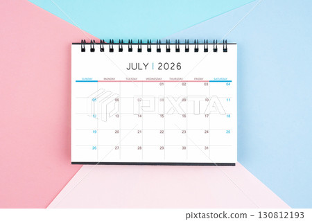 July month desk calendar for 2026 year on colorful background. Flat lay. July month desk calendar for 2026 year on colorful background. Flat lay. 130812193