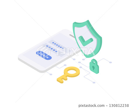 顯示登入和安全的智慧型手機螢幕的向量插圖（等距） 130812238
