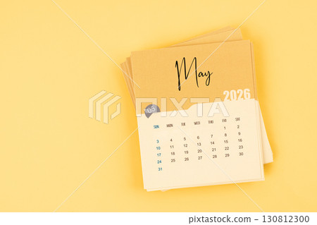 May 2026 calendar card on yellow color background with copy space. 130812300