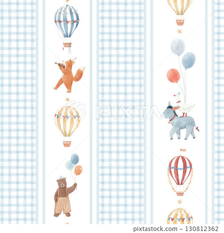 Seamless watercolor kids pattern with animals, balloons and hot air balloons on blue striped background. Cute nursery design for fabric and wallpaper Seamless watercolor kids pattern with animals, balloons and hot air balloons on blue striped background. Cute nursery design for fabric and wallpaper 130812362