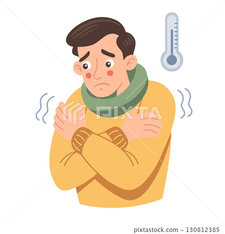 Man feels cold. Person in scarf is freezing from cold. Illustration. 130812385