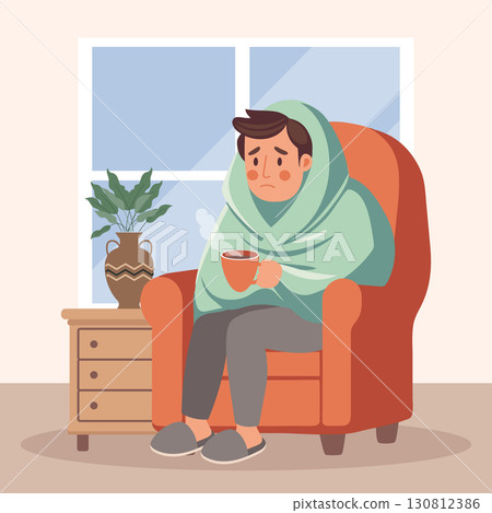 Sick man with a cold wrapped in blanket sitting in the armchair at home. Concept of illness, sickness, cold, flu, fever. Illustration. 130812386