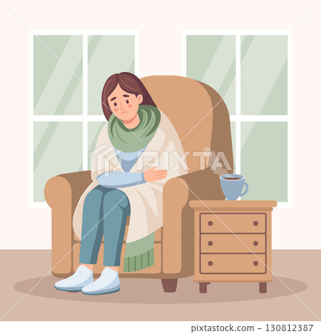 Sick unwell woman wrapped in blanket sitting in armchair at home. Concept of illness, sickness, cold, flu, fever. Illustration. Sick unwell woman wrapped in blanket sitting in armchair at home. Concept of illness, sickness, cold, flu, fever. Illustration. 130812387