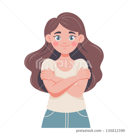 Cute girl with long hair hugging herself. Self love concept. Illustration. 130812390