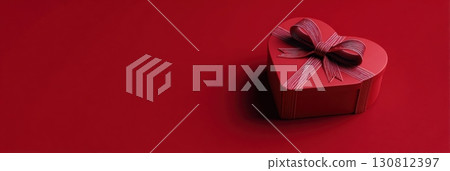 Happy Valentines day template with gift box. Romantic design decorative objects, red heart. Sale long banner, surprise poster, flyer and brochure. Mock up holiday. Front view. 3D. Panoramic 130812397