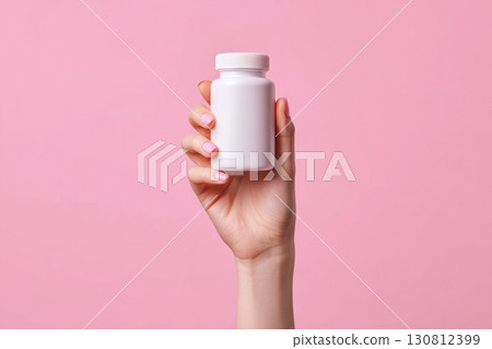 Hand holding a white supplement bottle. Medicine mockup. Blank label vitamin template. Natural organic bio Pills jar. Pink studio color background. Clear packaging. Trendy Product presentation 130812399