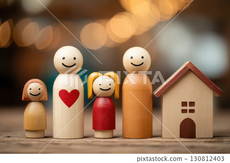 Family with children wooden figures stand together on a blurred living room background. Home ownership and insurance. Conceptual symbolizing protection, relationships and family safety. Harmony symbol 130812403