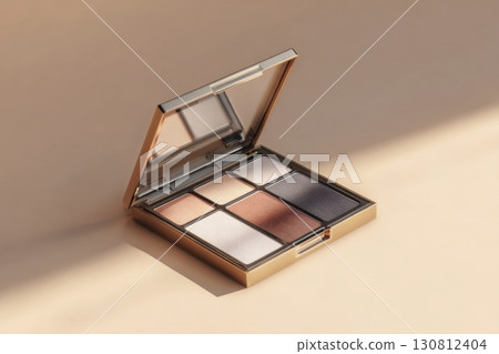 Eyeshadows set top view. Brown beige eyeshadow texture swipe on a white. Cosmetic product swatch. Crushed eye shadows palette. Shiny, matte eye shadow smears. Girly concept. Beauty brand. Fashion blog 130812404