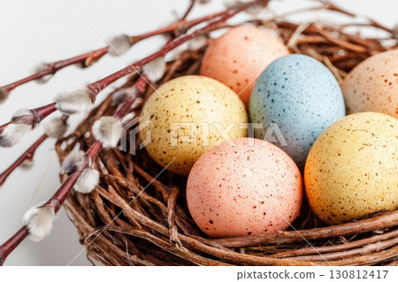 Easter colorful eggs in a basket on white table. Light gray studio background. Easter decorated eggs frame. Happy Easter card design. Copy space. Horizontal Banner. Poster, mock up. Simple minimalism. Easter colorful eggs in a basket on white table. Light gray studio background. Easter decorated eggs frame. Happy Easter card design. Copy space. Horizontal Banner. Poster, mock up. Simple minimalism. 130812417
