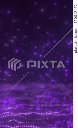 Abstract digital background with glowing purple particles forming waves and scattered light dots 130812452