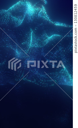 Flowing digital wave of blue and teal particles on a dark background, forming an abstract futuristic landscape 130812459