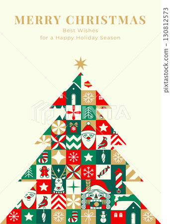 Merry Christmas Tree Greeting Card with Santa, Nutcracker, and Ornaments, Festive Vector Illustration 130812573