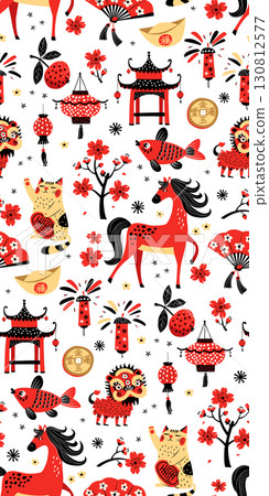 Chinese New Year Red Fire Horse zodiac Seamless Background Pattern Vector illustration Chinese New Year Red Fire Horse zodiac Seamless Background Pattern Vector illustration 130812577