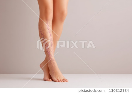 Patient with sign of varicose veins symptoms on a legs. Light background. Leg pain. Phlebology. Venous pathologies of the lower extremities. Human vessel, arteries. Capillaries. Blood system. Banner 130812584