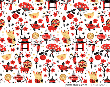 Chinese New Year Seamless Pattern, Lucky Cat, Dragon, Lanterns and Sakura Vector illustration 130812632